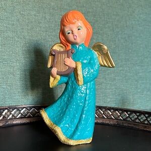 Vintage MCM ceramic Angel with harp - redhead with teal and gold dress 8.5”